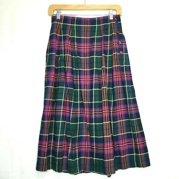 Vintage Talbots Tartan midi skirt red green sz 10 plaid pleated buttons on side - Picture 1 of 11